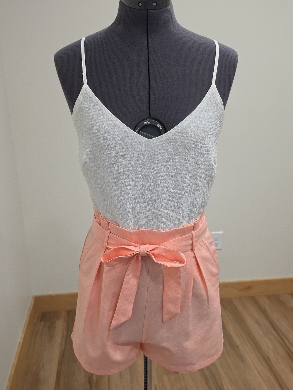 White & Peach Tie-Waist Romper with Adjustable Straps
